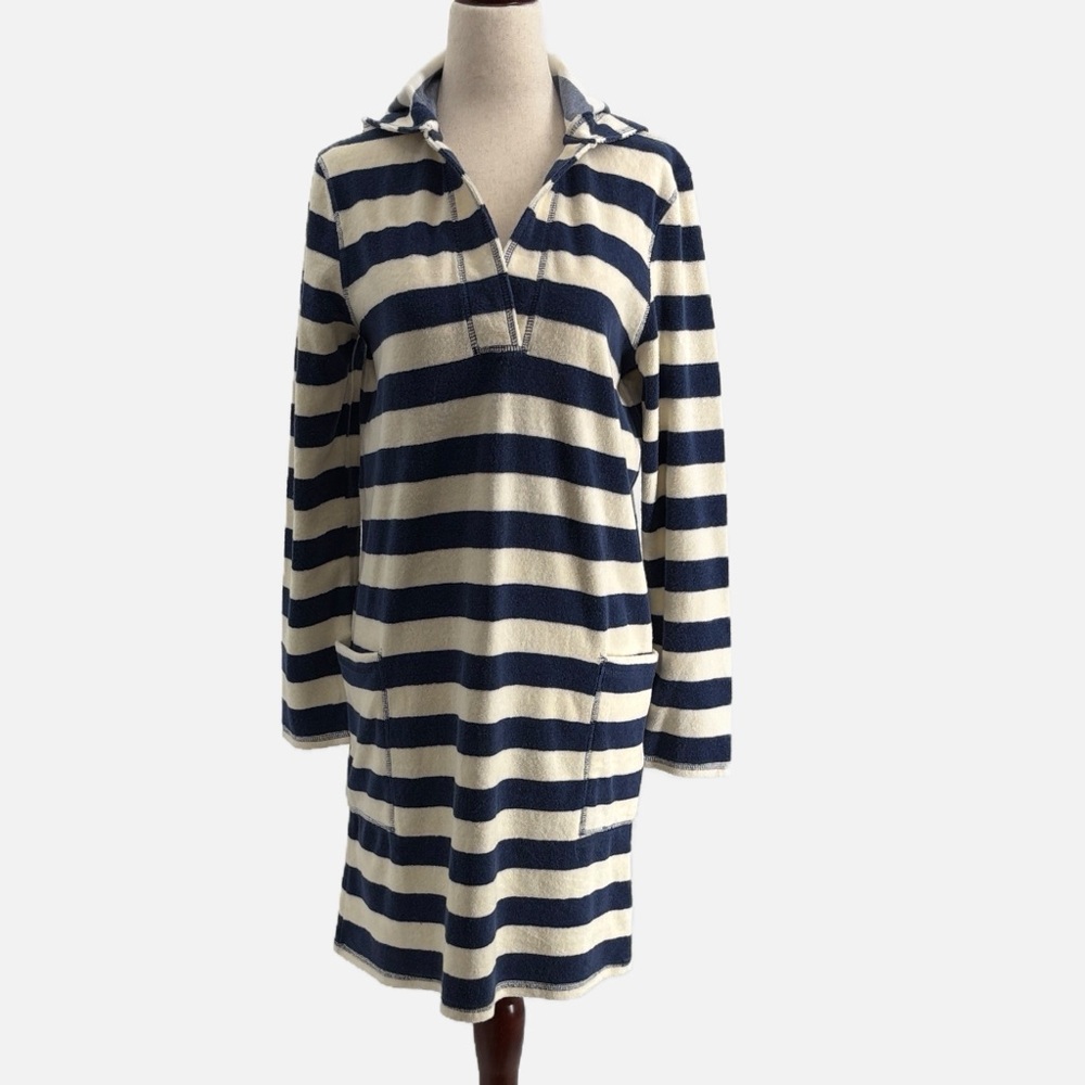 Boden Terry Towelling Hooded Tunic Dress in Navy & Ivory Stripes - Size Small